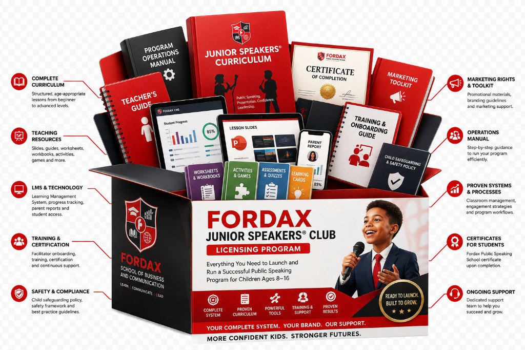 Fordax Junior Speakers Club licensing program kit, showing curriculum, teaching resources, LMS, training and operations materials